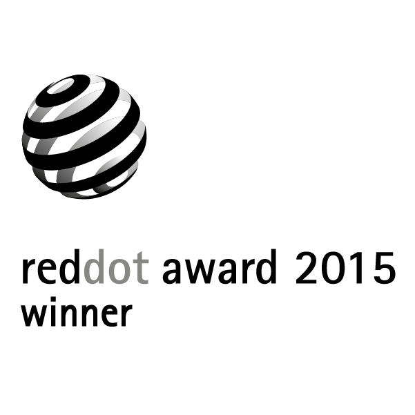 Logo des Red Dot Award 2015 Winner mit kugelförmigem Streifenmotiv
