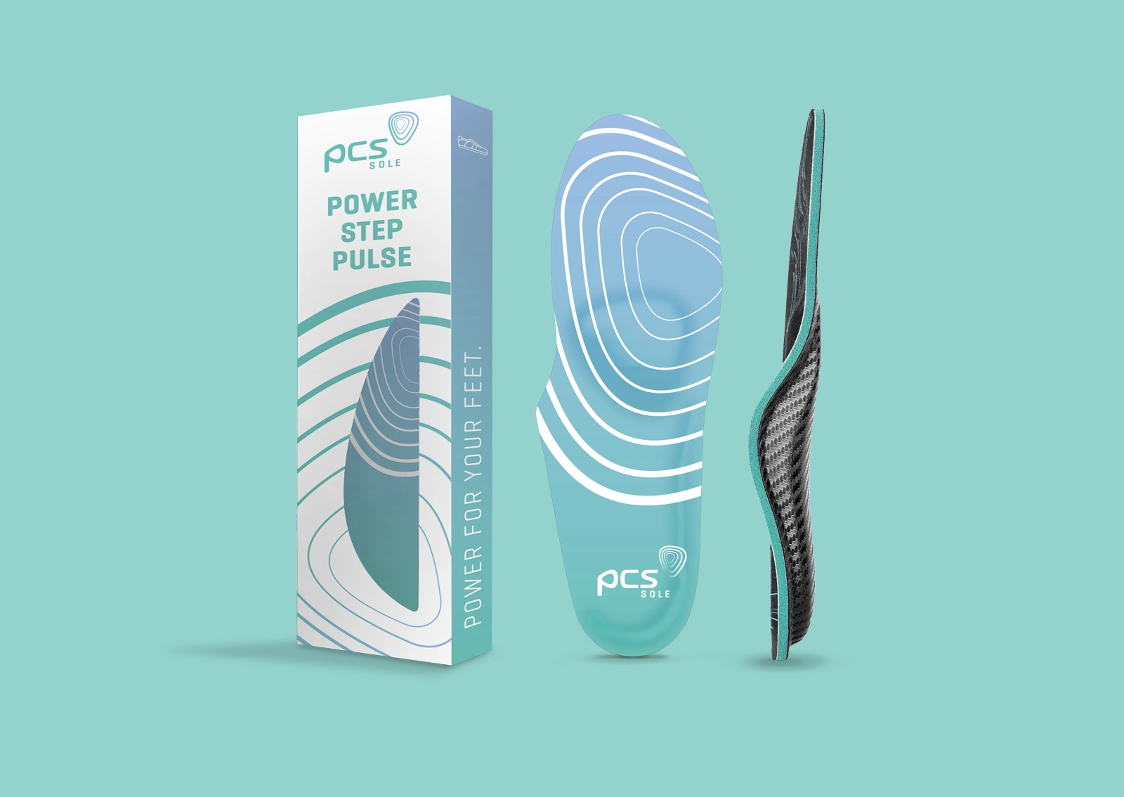 Aufnahme des Verpackungsdesigns der PCS Sole-Schuhsohlen zur Veranschaulichung des neuen Rebrandings. Gestaltung und Umsetzung durch R211-Agentur.