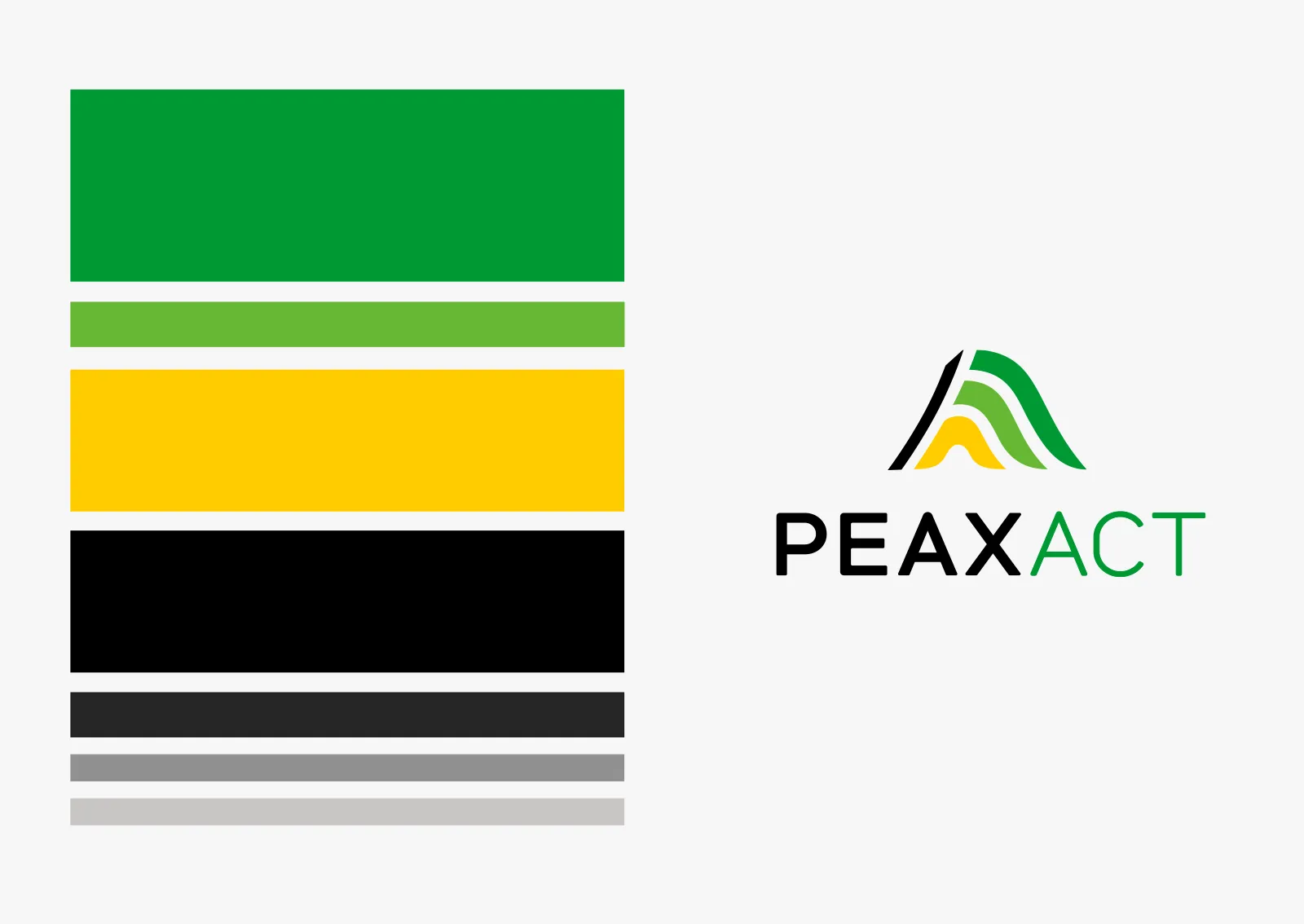 View of Peaxact's Corporate Design elements – including logo and color palette with gradients from yellow to green. Developed as part of the Rebranding.