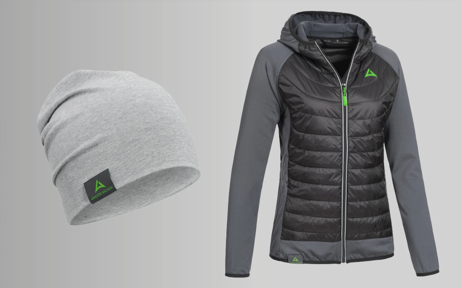 Corporate Fashion für Athletic Archery: Mütze und Outdoorjacke mit eingesticktem Markenlogo. Das leuchtende Grün setzt sportliche Akzente – Branding bis ins letzte Detail