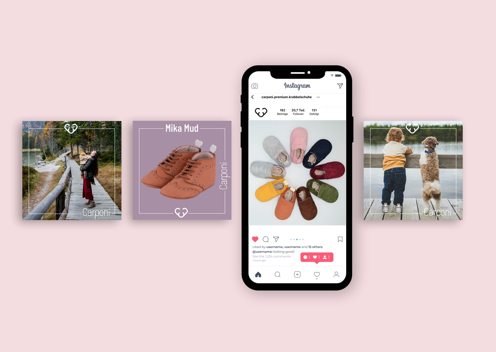 Instagram-Visuals der Marke Carponi mit Produktfotos, Kindermotiven und Farbwelten rund um nachhaltige Krabbelschuhe – Gestaltung und Markenauftritt von R211 für Social Media Marketing
