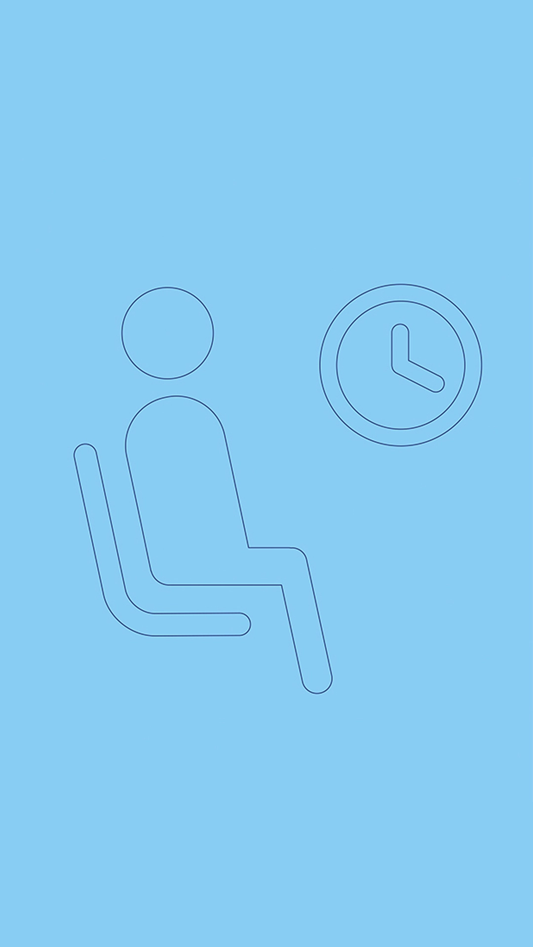 Piktogrammentwurf von R211 für die Deutsche Bahn: wartende Person auf Sitzplatz mit Uhrsymbol, reduziert gestaltet auf blauem Hintergrund