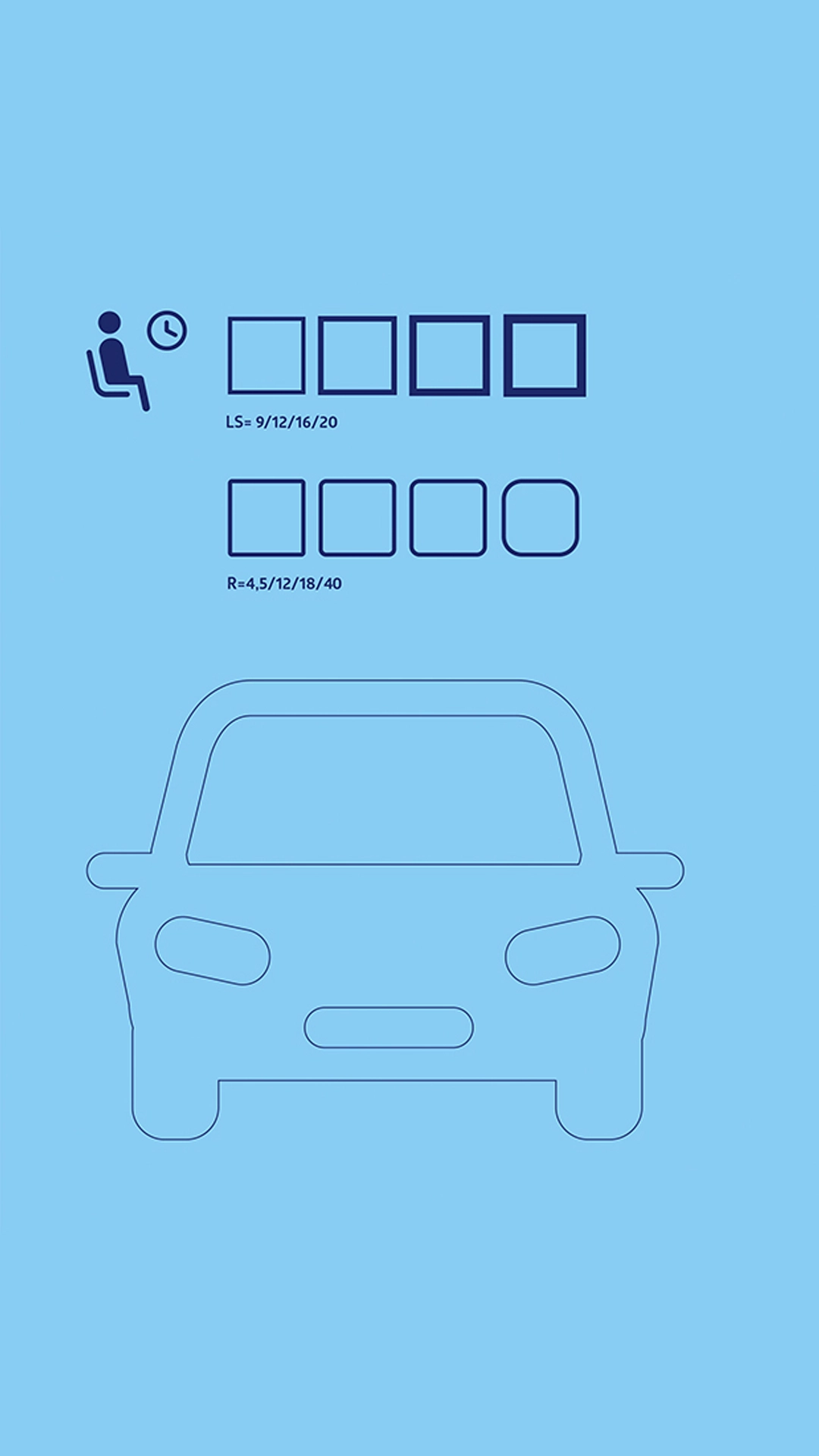 Gestaltungsstudie von R211 für die Deutsche Bahn mit Piktogramm-Vergleich, Icongrößen und Rundungswerten am Beispiel von Wartebereich- und Auto-Symbol auf blauem Hintergrund