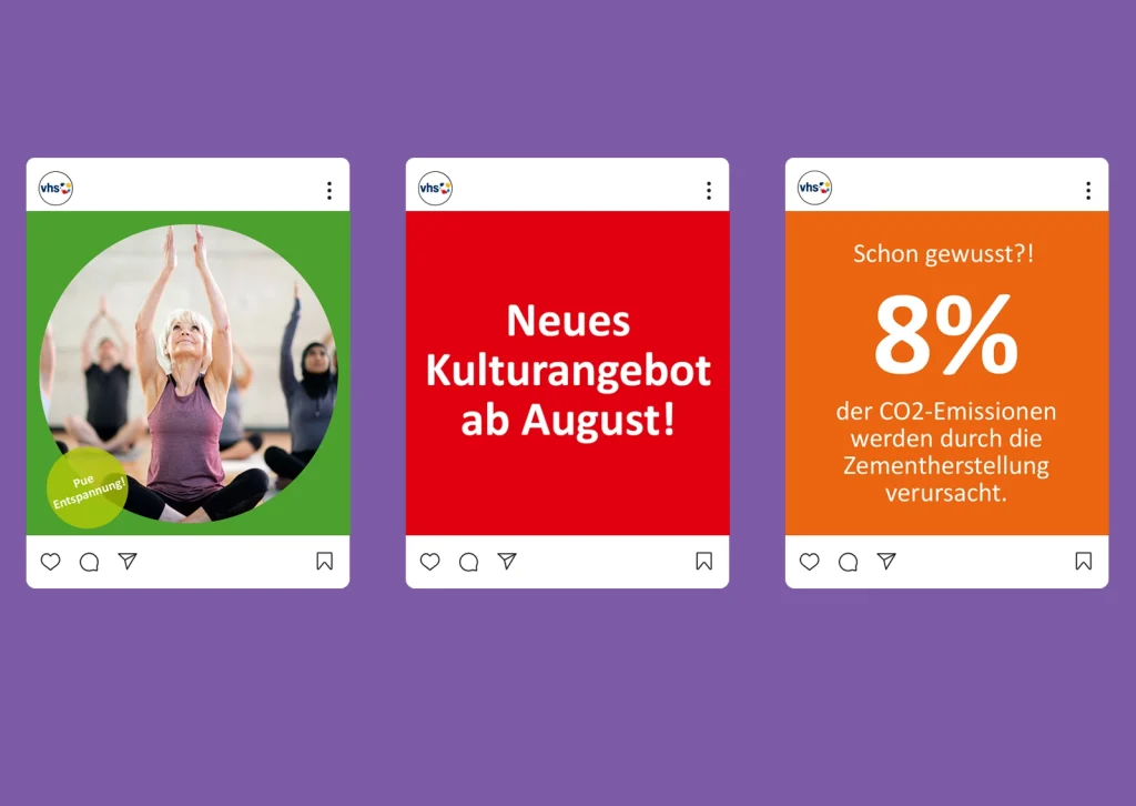 Ansicht von drei Social Media Postings als Beispiel für individualisierbare Visuals, die den Volkshochschulen vom Deutscher Volkshochschulverband als Templates zur Verfügung gestellt werden. Gestaltung durch die R211-Agentur.