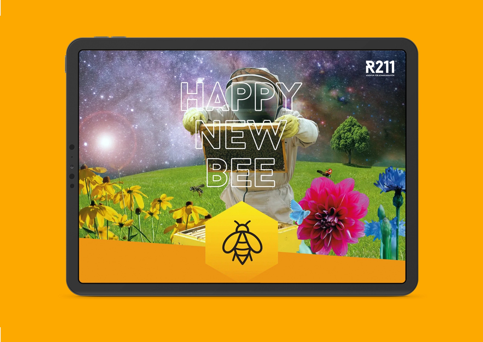 Ansicht der Happy New Bee-Website mit Imker im All und fliegenden Bienen. Eigenprojekt der R211-Agentur im Rahmen der jährlich stattfindenden Spendenaktion für regionale Naturschutzprojekte.