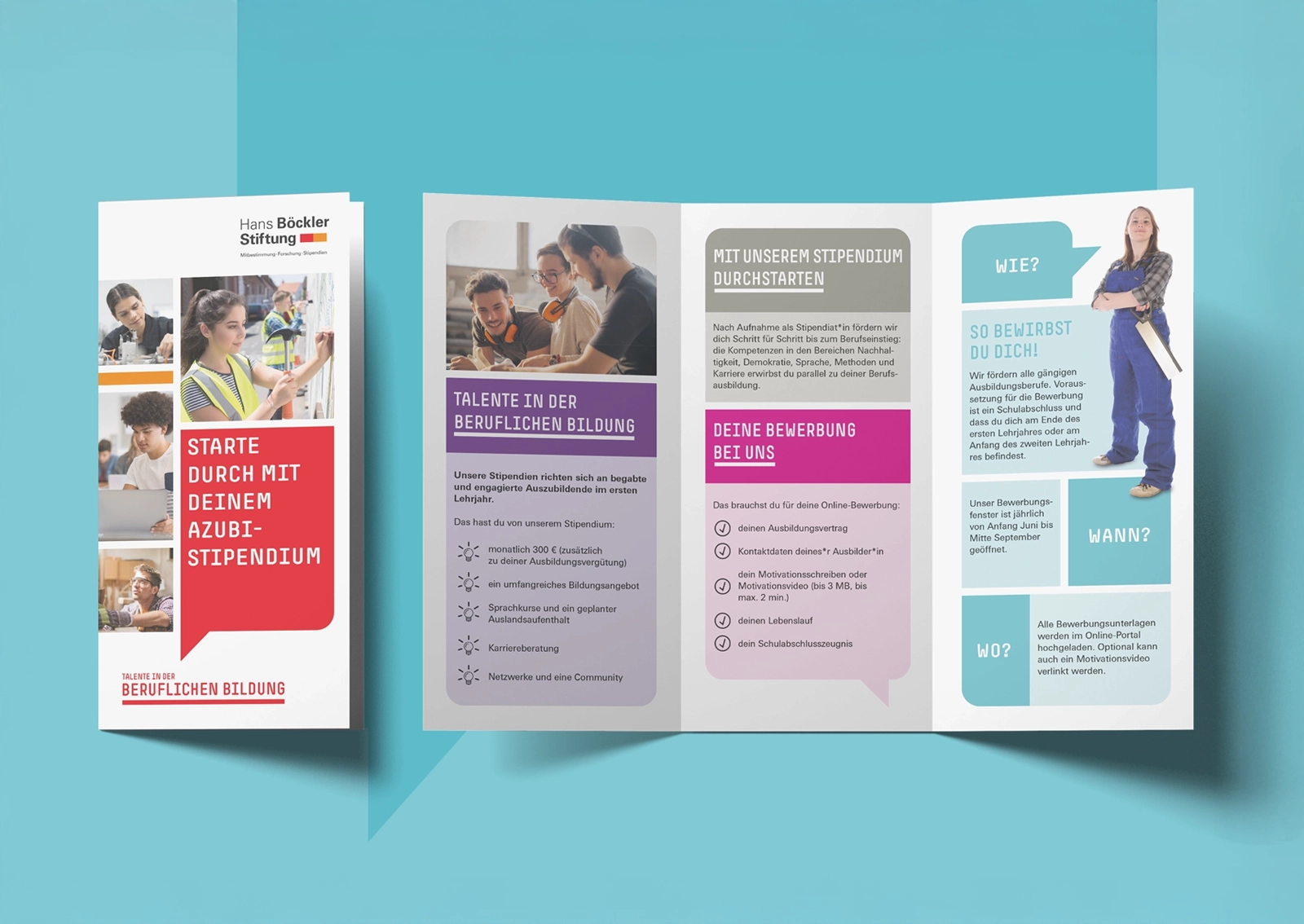 Ansicht des Print-Flyers zum TIBB-Projekt der Hans-Böckler-Stiftung mit Titelseite und aufgeklappter Innenseite.