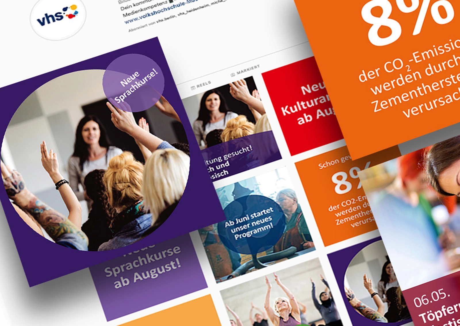 „Übersicht über die gestalteten Templates und Visuals für Social Media Postings, die von den Volkshochschulen individuell angepasst und genutzt werden können.