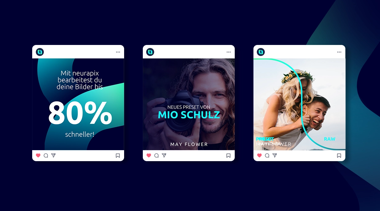 Drei Social Media Postings zur Veranschaulichung des Rebrandings für das B2B-Startup im Bereich KI-gestützter Fotografie-Optimierung. Gestaltung und strategische Entwicklung durch die R211-Agentur.