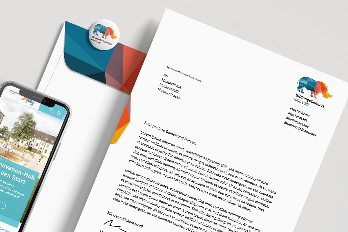 View of the corporate stationery for the SEH BildungsCampus Herford – focusing on letterhead, business cards, and envelopes.
