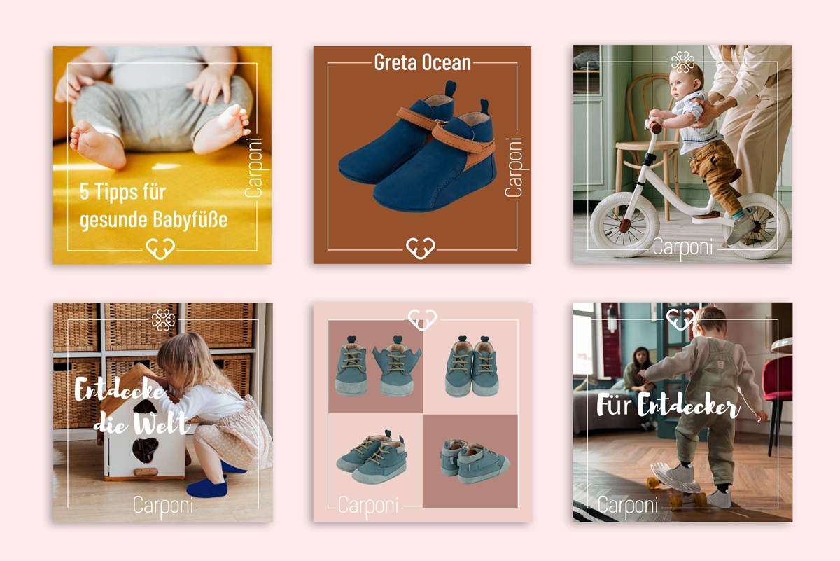 Übersicht von sechs Social Media Posting-Themen aus der Markenwelt von Carponi zur Illustration der inhaltlichen Contentstrecken.