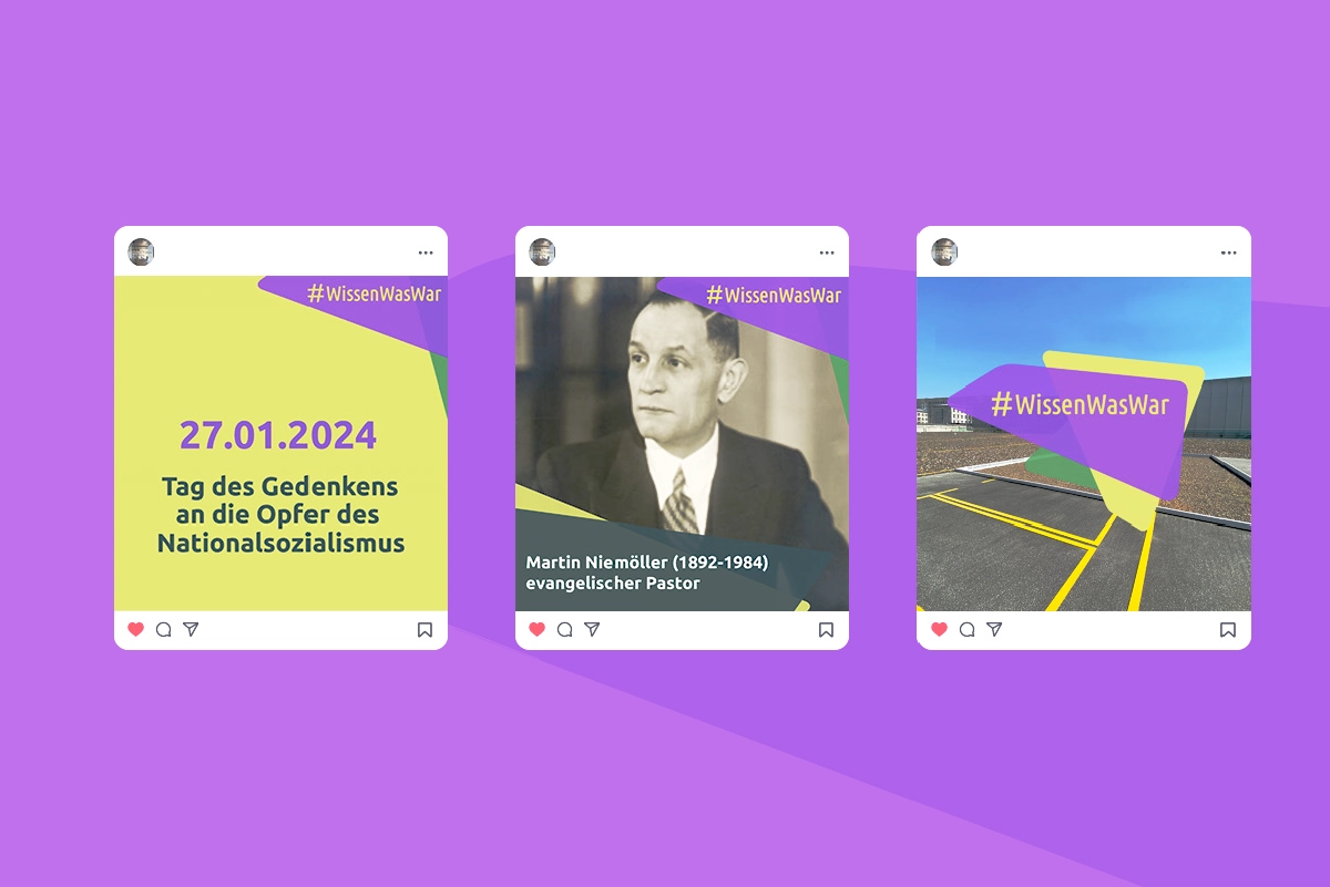 Drei beispielhafte Social Media Postings zur Veranschaulichung der individualisierbaren Templates für die Gedenkkampagne zum 27. Januar. Gestaltung und Umsetzung durch die R211-Agentur im Auftrag des Gedenkstättenreferats Berlin.