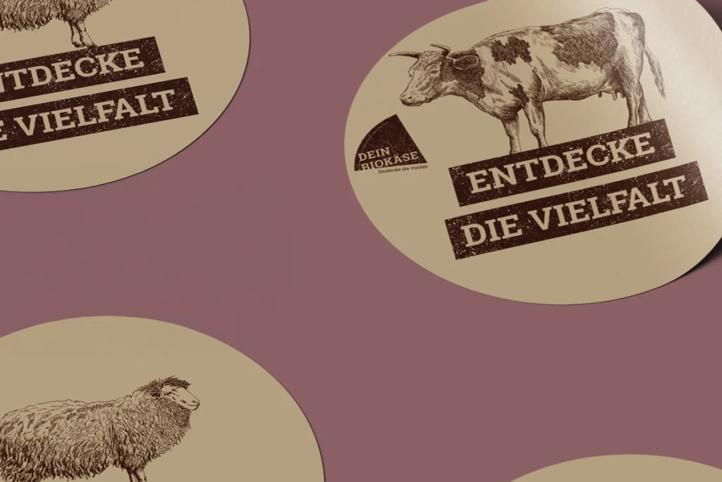 Runde Aufkleber mit Kuh und Schaaf illustration und dem Claim „Entdecke die Vielfalt“ der Marke DEIN BIOKÄSE auf braunem Hintergrund
