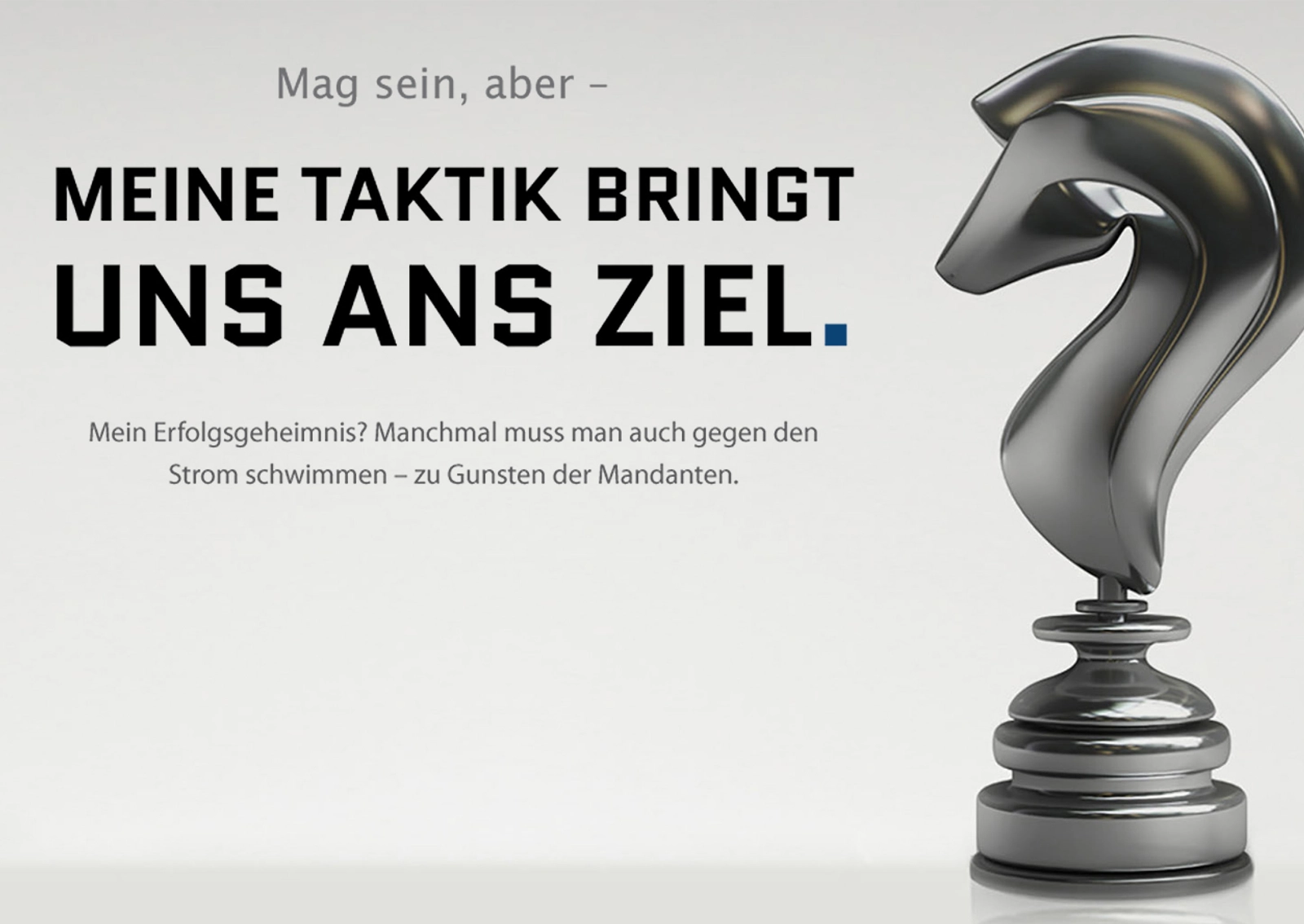 Ausschnitt aus der neu gestalteten Website für eine Anwaltskanzlei mit eier Schach-Springer und dem Spruch "Meine Taktik bringt uns ans Ziel"