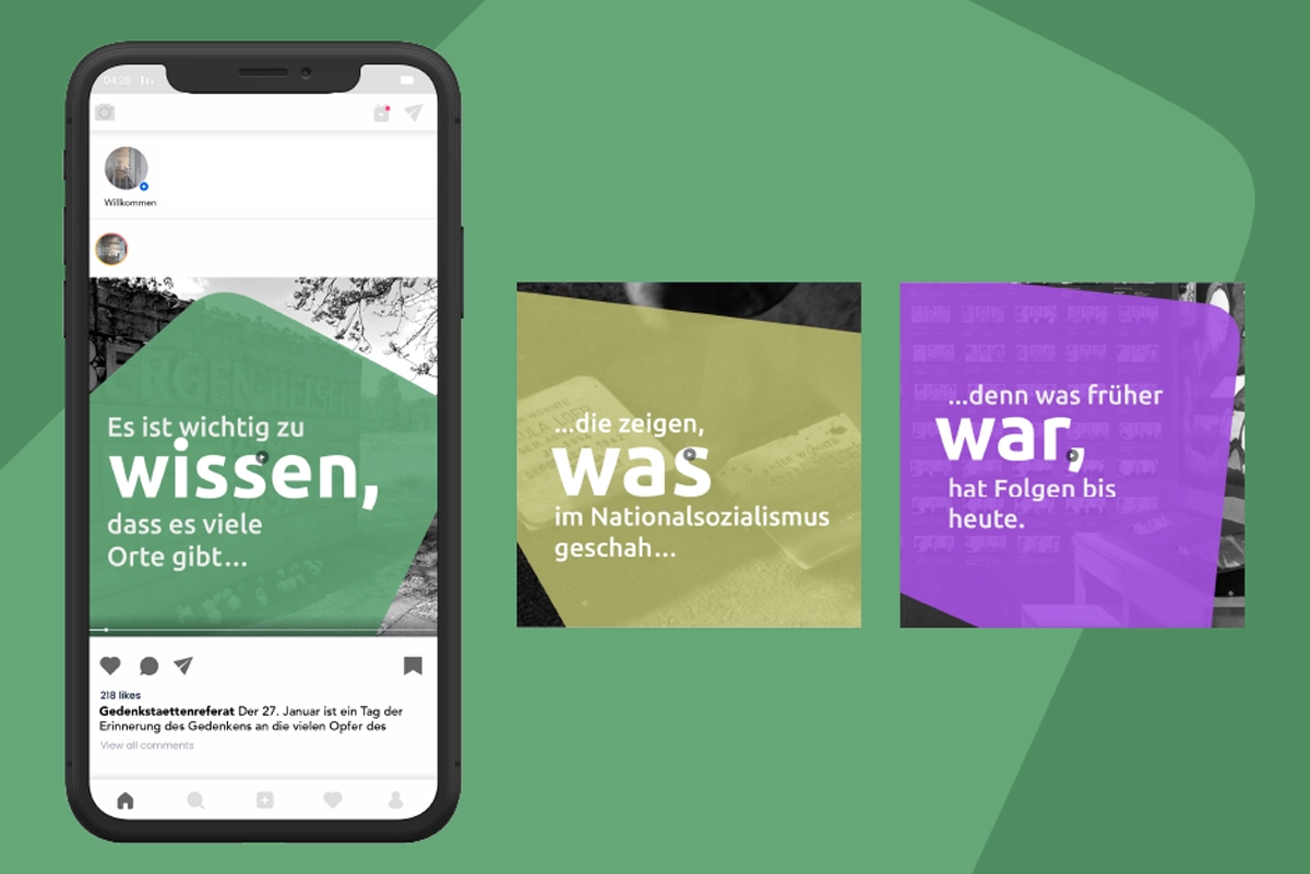 Grafik mit Smartphone und zwei zusätzlichen Kacheln, darauf Instagram-Posts mit Texten: „Es ist wichtig zu wissen, dass es viele Orte gibt…“, „…die zeigen, was im Nationalsozialismus geschah…“, „…denn was früher war, hat Folgen bis heute“