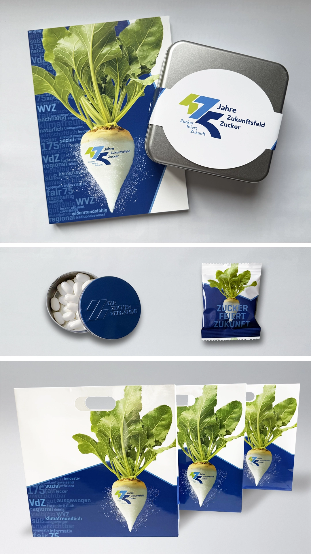 Various promotional materials for the 175th anniversary of the Sugar Industry Association: postcard, metal tin with sticker, peppermint tin, candy wrapper and carrier bags, each with a sugar beet motif and anniversary logo