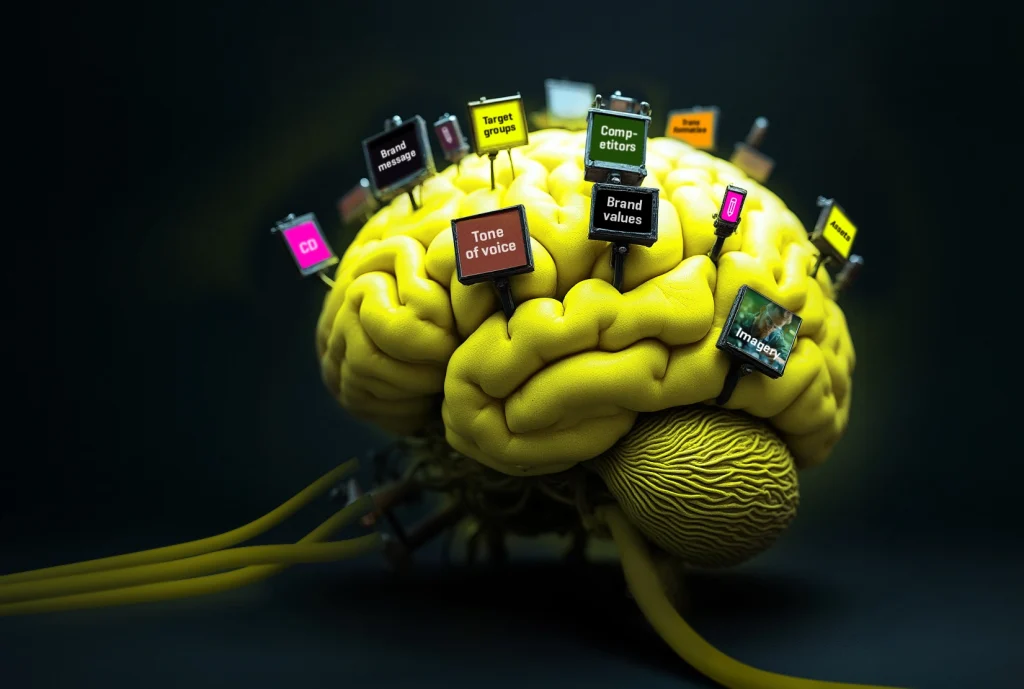 Ein künstliches Gehirn auf dem Marketingbegriffe eingesteckt sind